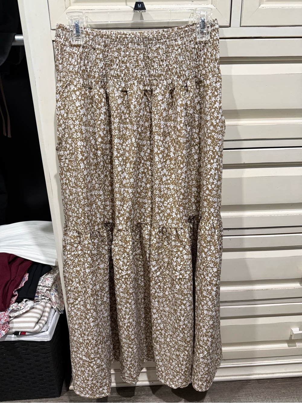 Floral Tiered Maxi Skirt - Tan/White